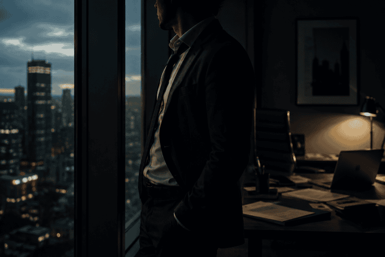 a business executive looking outside an office window, concept of burnout, stress
