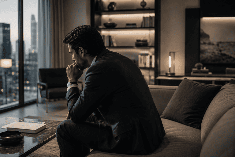 image of a male businessman having a contemplative evening in a modern apartment