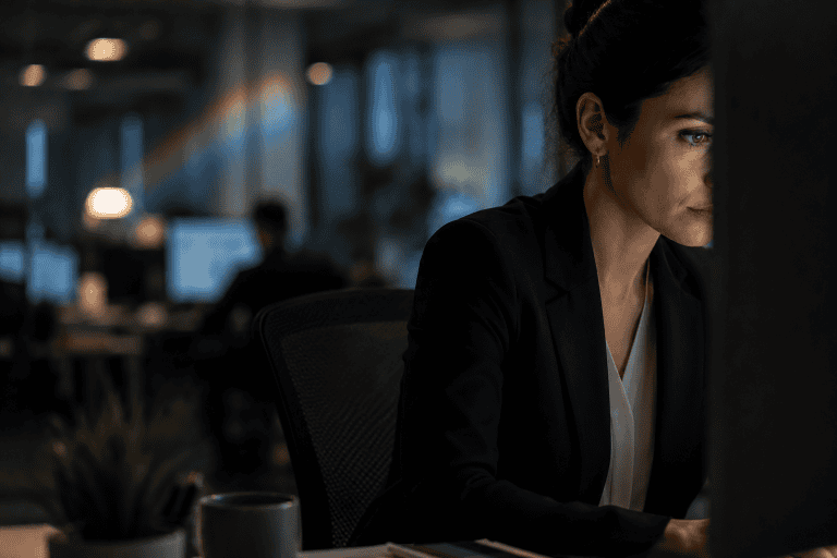 professional businesswoman in a modern office setting, conveying the subtle challenges of neurodivergence in the workplace