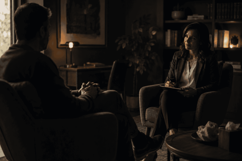 Patient and clinician sit across from each other in a dimly lit office, both in relaxed postures, with the patient’s face partially in shadow and the clinician listening attentively
