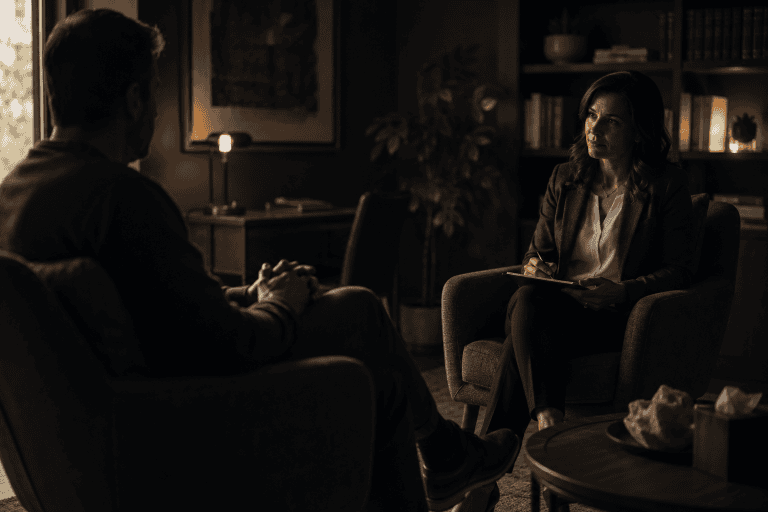 Patient and clinician sit across from each other in a dimly lit office, both in relaxed postures, with the patient’s face partially in shadow and the clinician listening attentively
