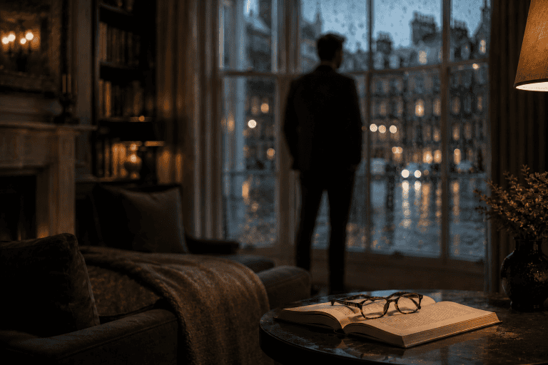image of a man standing by the window of a darkly lit office