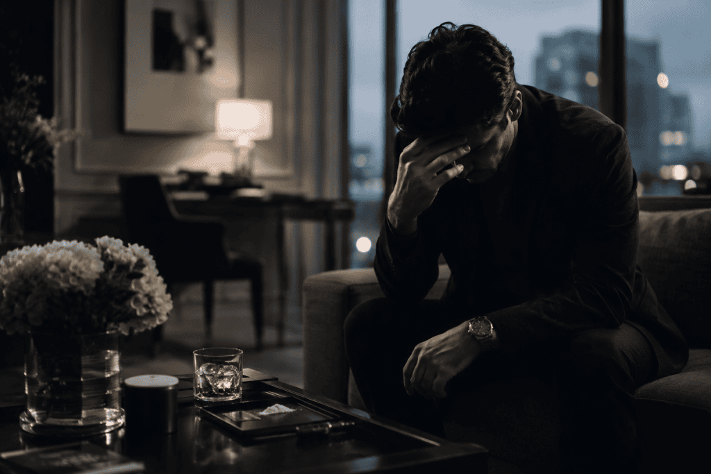 High-functioning professional sitting alone in a luxury London residence, reflecting the hidden struggle of drug dependency behind a controlled exterior