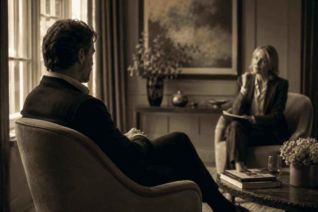 adult patient is seated comfortably in a refined armchair, speaking quietly with a senior therapist seated nearby