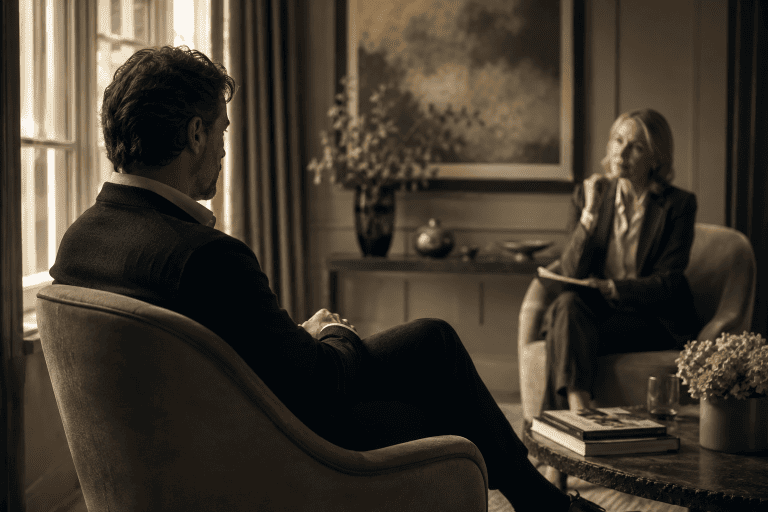 adult patient is seated comfortably in a refined armchair, speaking quietly with a senior therapist seated nearby