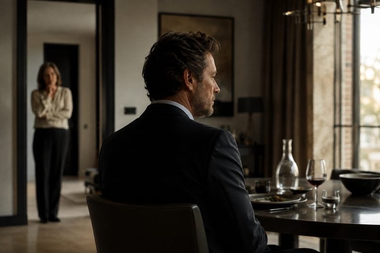 middle-aged professional sitting alone at a refined dining table in an upscale contemporary home, viewed from slightly behind and to the side