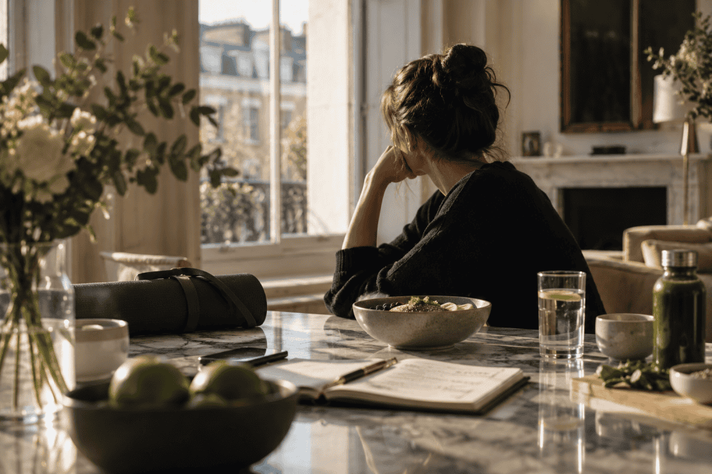 Woman sitting beside a healthy breakfast, journal and yoga mat in a luxury London residence, reflecting the rigidity and loss of choice associated with disordered eating.