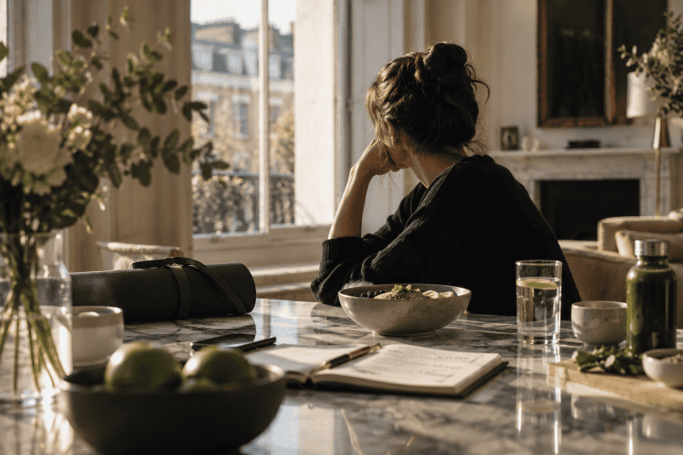 Woman sitting beside a healthy breakfast, journal and yoga mat in a luxury London residence, reflecting the rigidity and loss of choice associated with disordered eating.