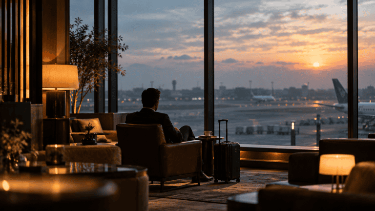 Business executive seated alone in a luxury airport lounge overlooking the runway at dawn, reflecting executive travel fatigue and jet lag