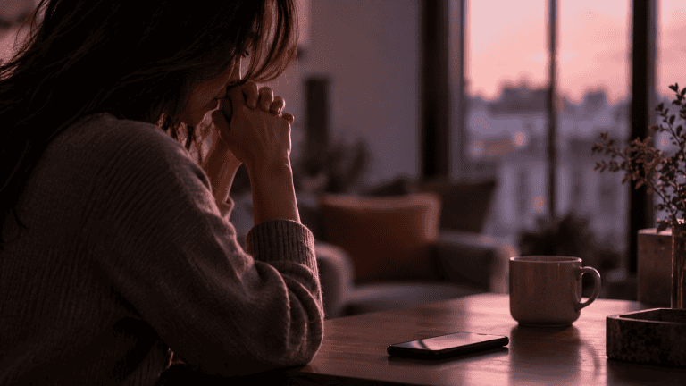 Woman sitting anxiously with clasped hands near her face, looking down at a smartphone in a softly lit room, reflecting hypervigilance and uncertainty after trauma