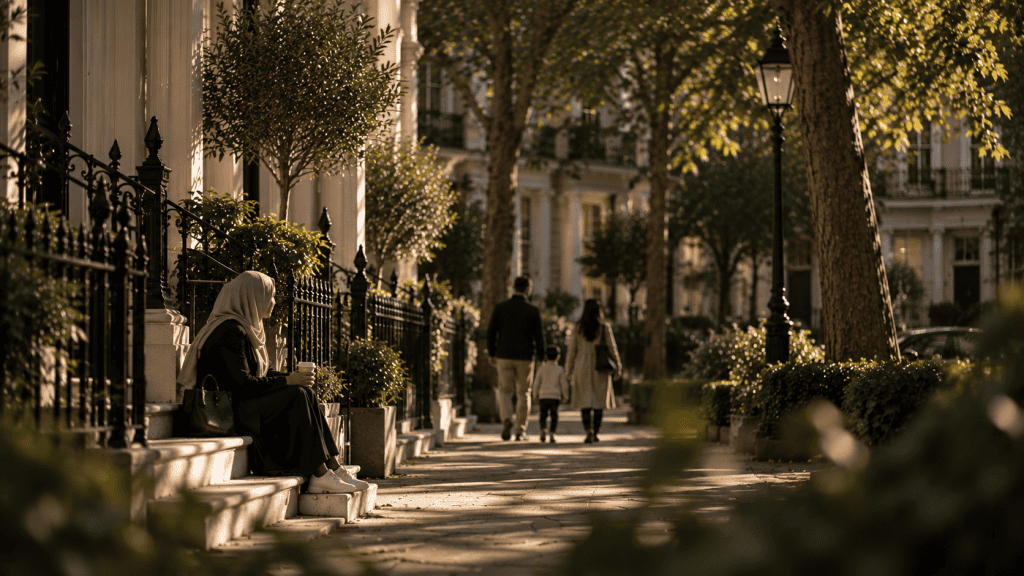 Woman wearing a hijab sits on the steps of a London townhouse as a family walks along a tree-lined street, reflecting cultural diversity and lived experiences