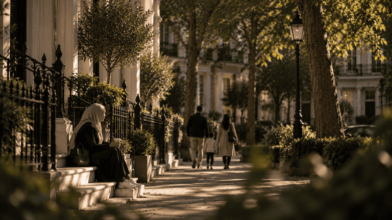 Woman wearing a hijab sits on the steps of a London townhouse as a family walks along a tree-lined street, reflecting cultural diversity and lived experiences